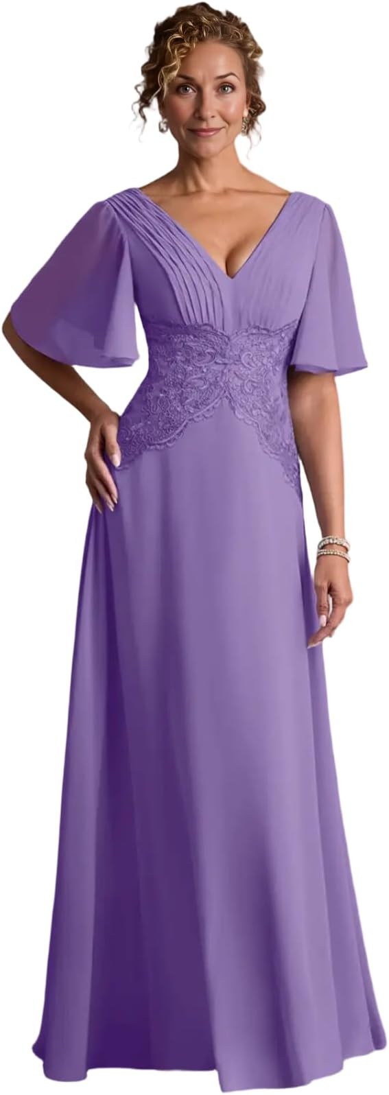 V-Neck Flutter Sleeve Lace Waist Chiffon A-Line Floor-Length Mother of the Bride Dress