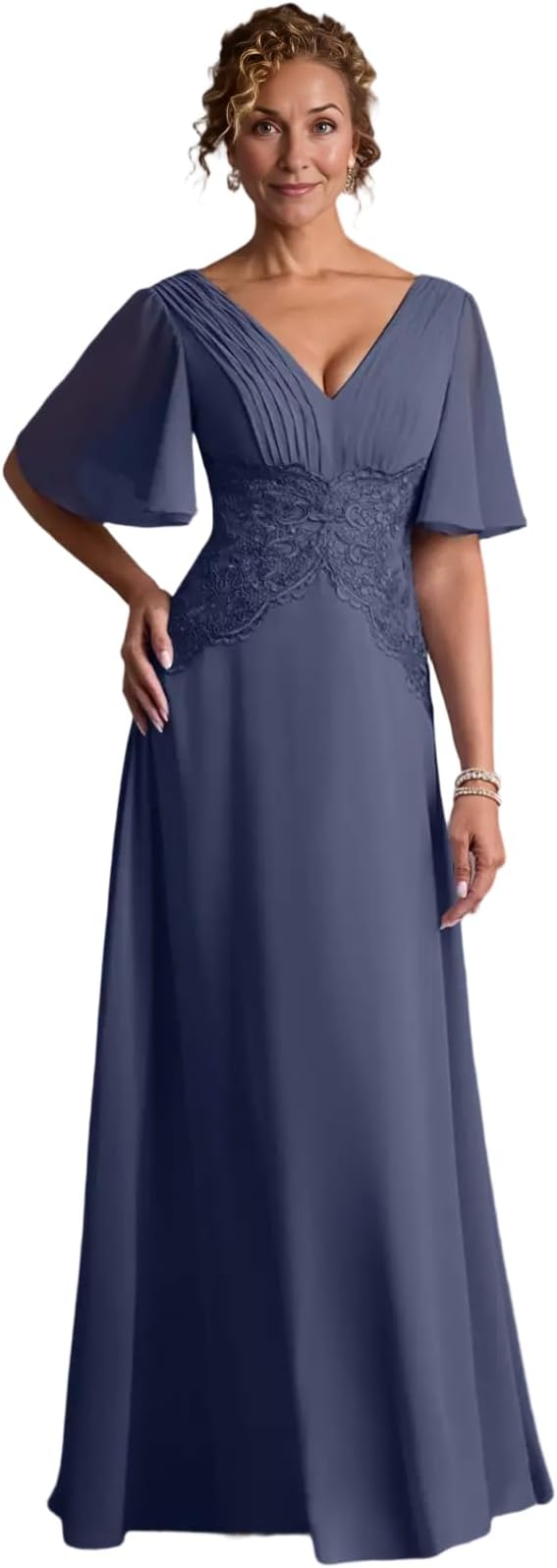 V-Neck Flutter Sleeve Lace Waist Chiffon A-Line Floor-Length Mother of the Bride Dress