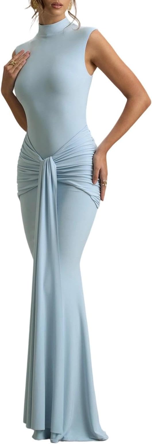 Sleeveless High Neck Ruched Knot Mermaid Maxi Dress