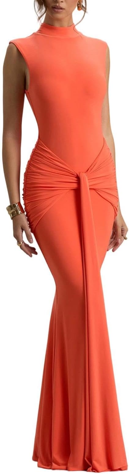 Sleeveless High Neck Ruched Knot Mermaid Maxi Dress