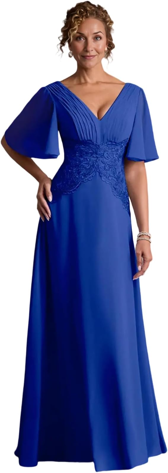 V-Neck Flutter Sleeve Lace Waist Chiffon A-Line Floor-Length Mother of the Bride Dress