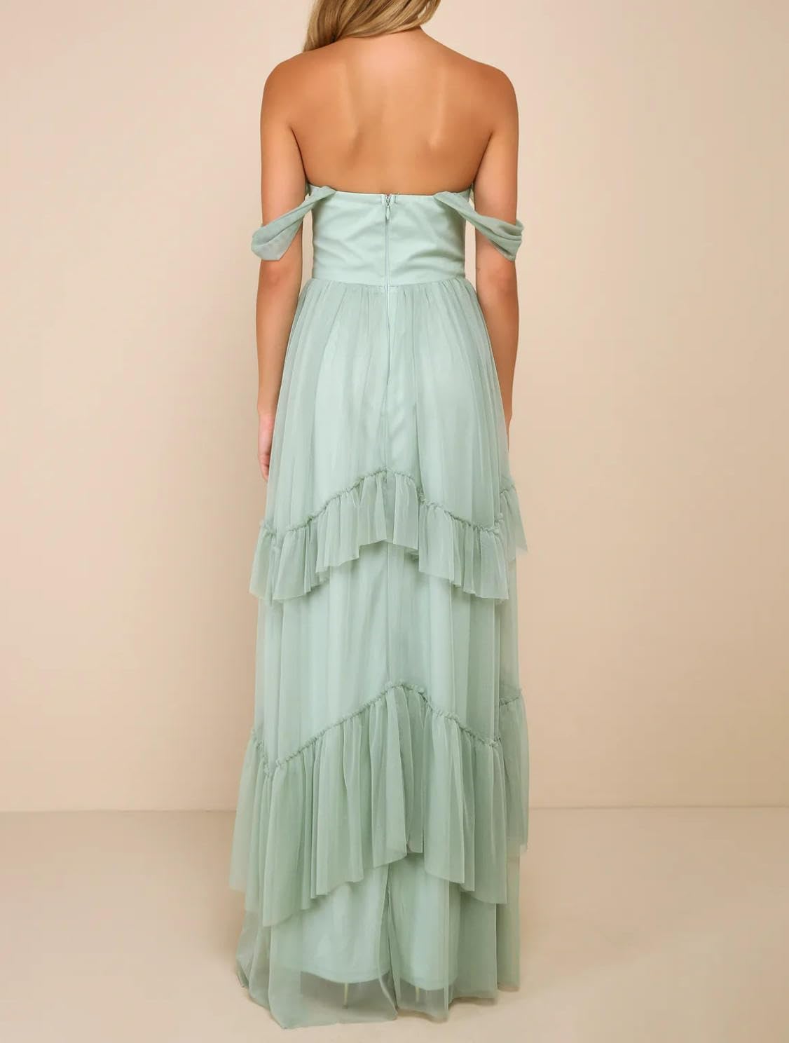 Vestido de noche de dama de honor largo hasta el suelo con escote corazón, corsé y volantes de tul, con hombros descubiertos