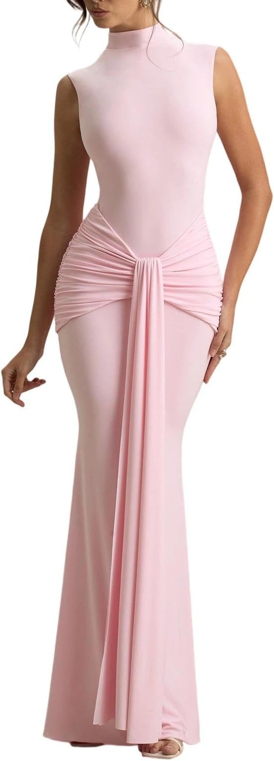 Sleeveless High Neck Ruched Knot Mermaid Maxi Dress