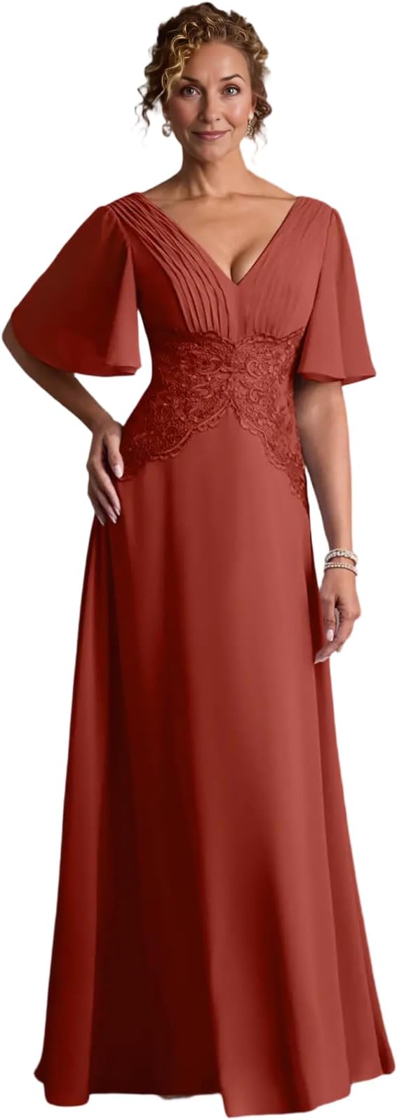 V-Neck Flutter Sleeve Lace Waist Chiffon A-Line Floor-Length Mother of the Bride Dress