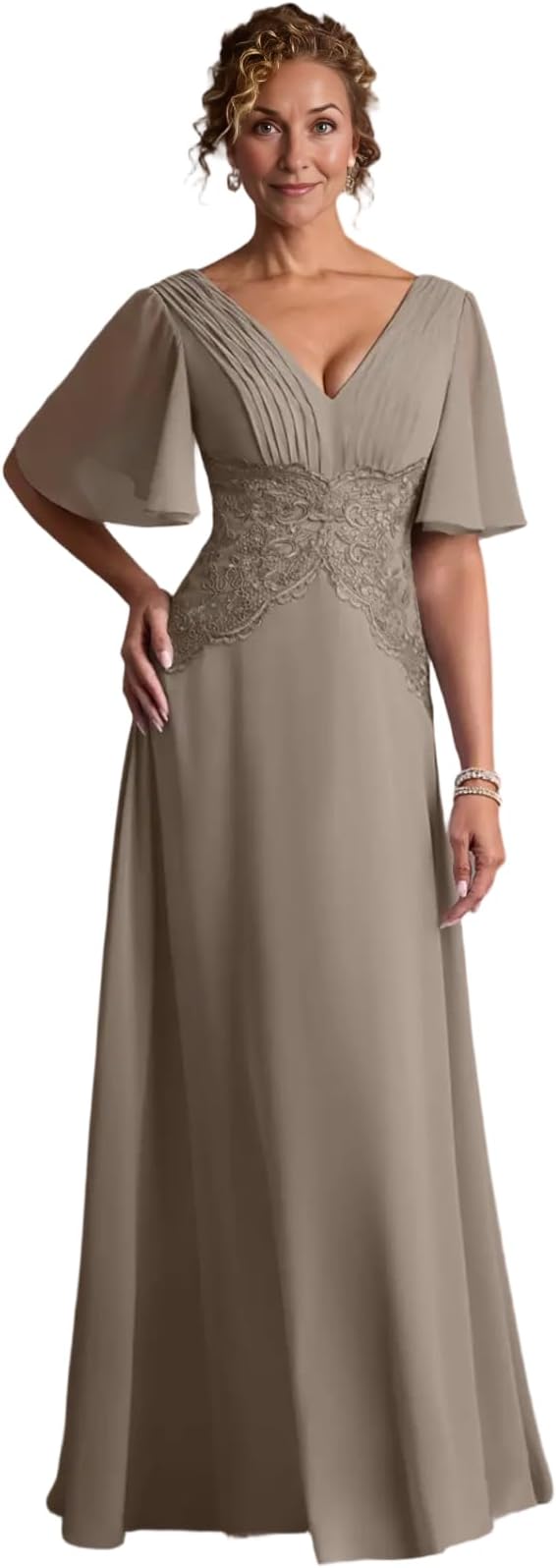 V-Neck Flutter Sleeve Lace Waist Chiffon A-Line Floor-Length Mother of the Bride Dress