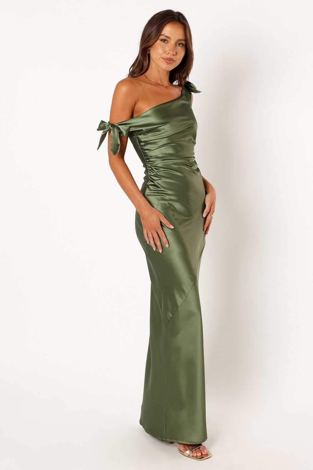 One-Shoulder Bow Detail Satin Ruched Mermaid Floor-Length Bridesmaid Evening Gown