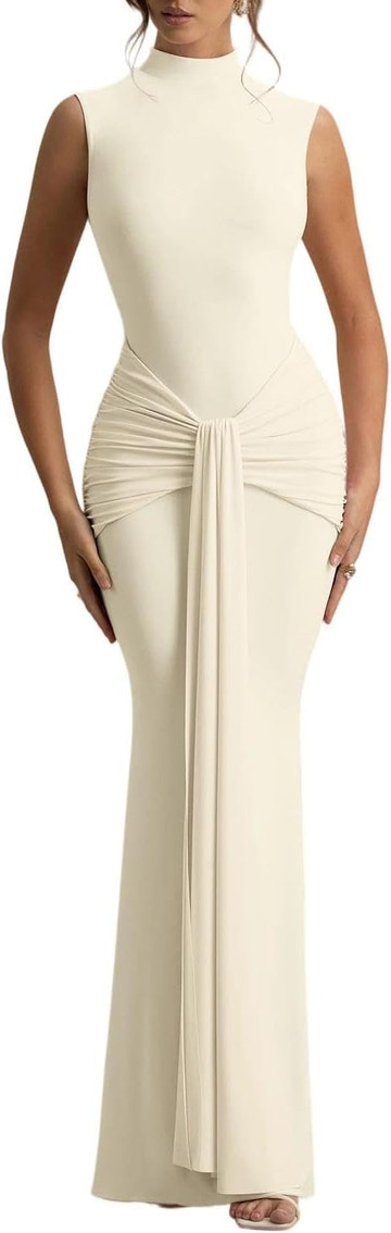 Sleeveless High Neck Ruched Knot Mermaid Maxi Dress