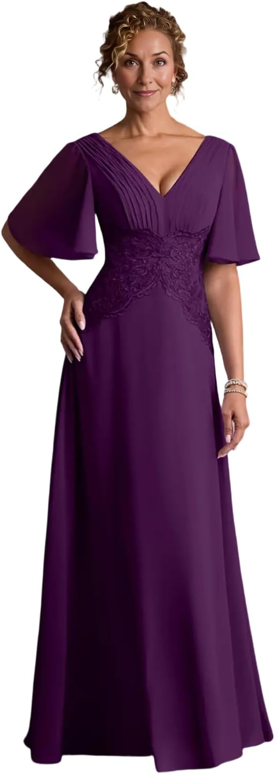 V-Neck Flutter Sleeve Lace Waist Chiffon A-Line Floor-Length Mother of the Bride Dress