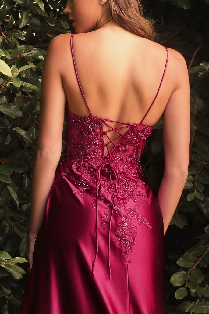 Luxe Sheath Plunging V-Neck Spaghetti Strap Satin Lace Applique Prom Gown
