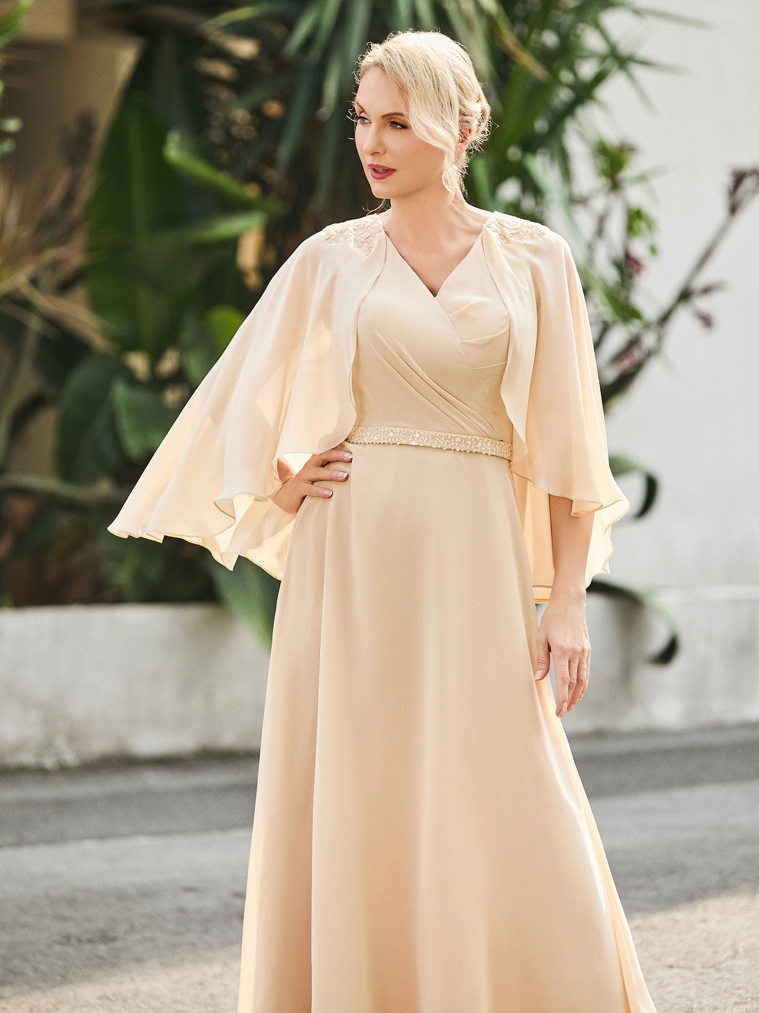 Elegant Champagne Mother of the Bride Dress - Cape Sleeve, Beaded Waist, Chiffon Floor-Length Gown