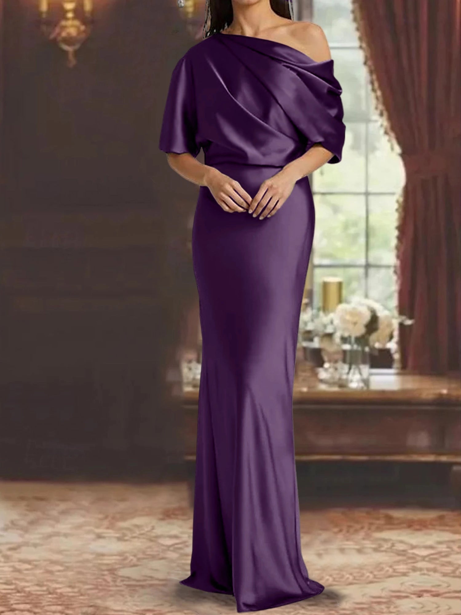 Luxury Mermaid One‑Shoulder Short‑Sleeve Open‑Back Floor‑Length Mother Of The Bride Dress