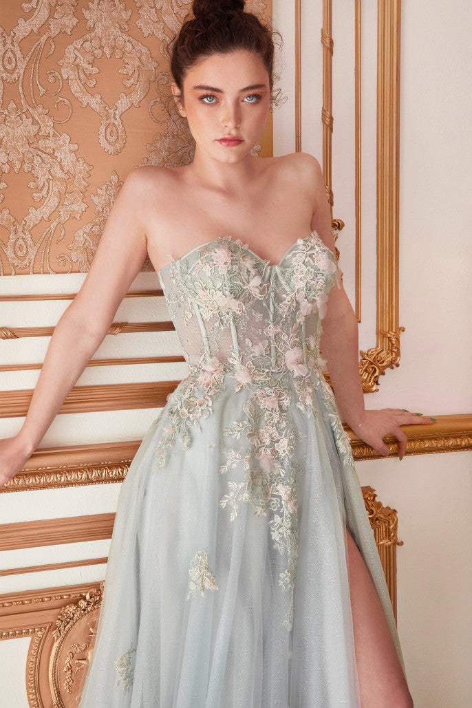 Women's Strapless Corset Evening Gown 3D Floral Embellished with Glitter Tulle and High Slit Formal Prom Dress for Wedding Guest & Gala