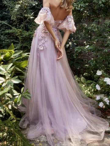 A-Line Lace Appliques Off-the-shoulder Floral Ball Gown Sweetheart Open Back Maxi Prom Dress