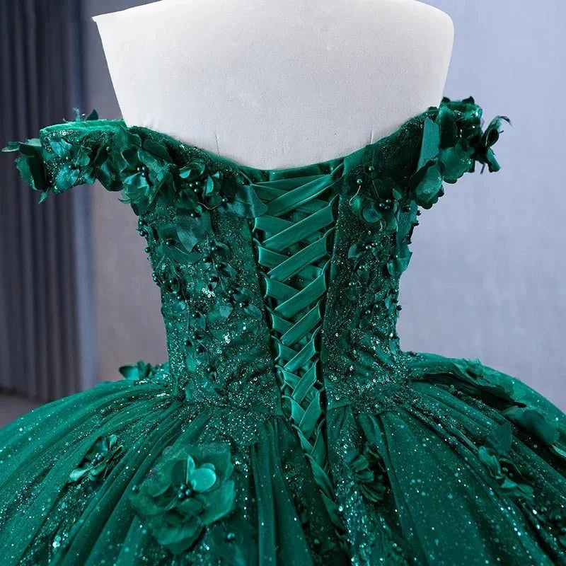 Emerald Green Ballgown Sweetheart Off Shoulder Short Sleeve Lace-up Back Sweep Train Quinceañera Dress