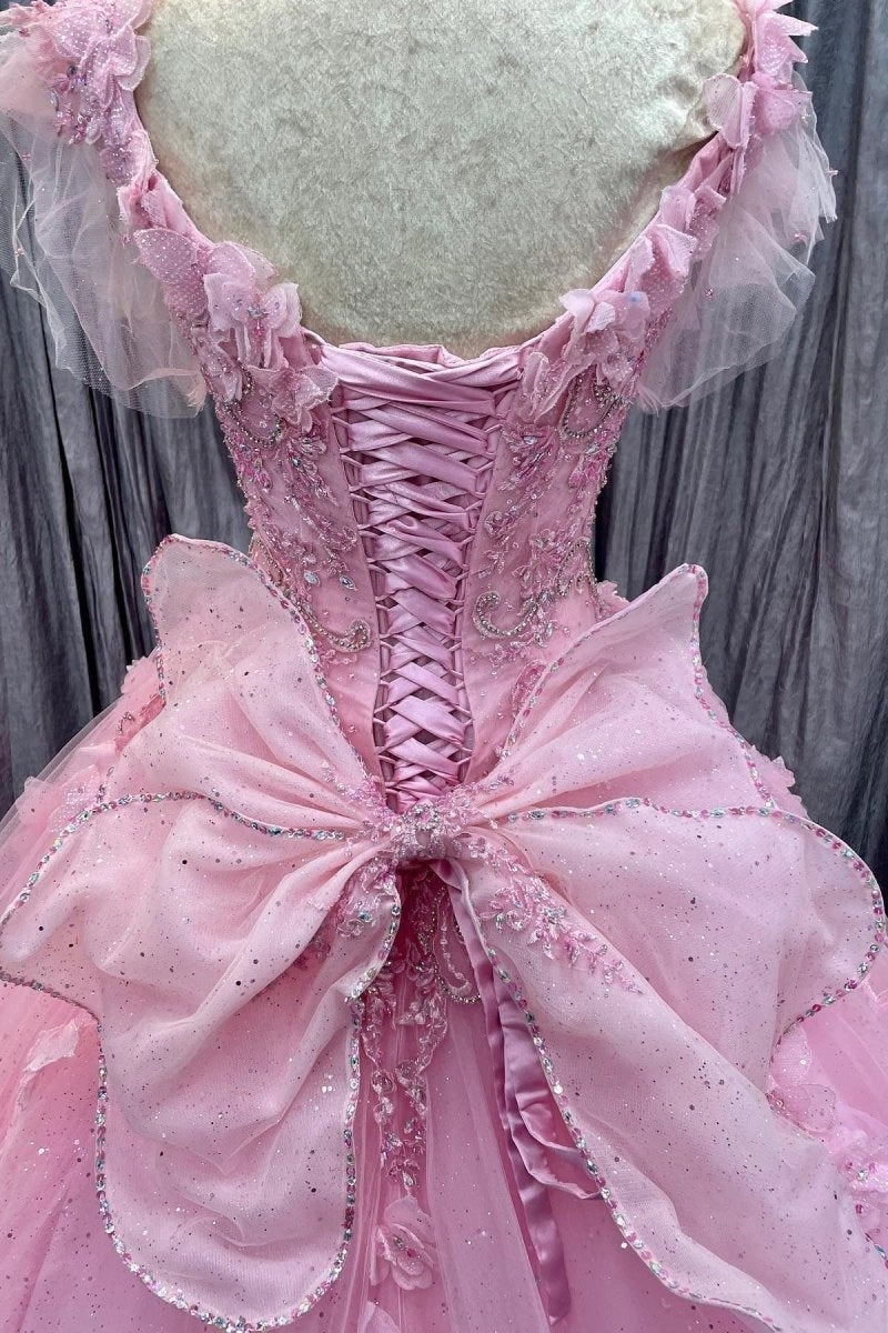 Peach Pink Ballgown V Neck Flutter Sleeve Lace-up Back Floor Length Quinceañera Dress