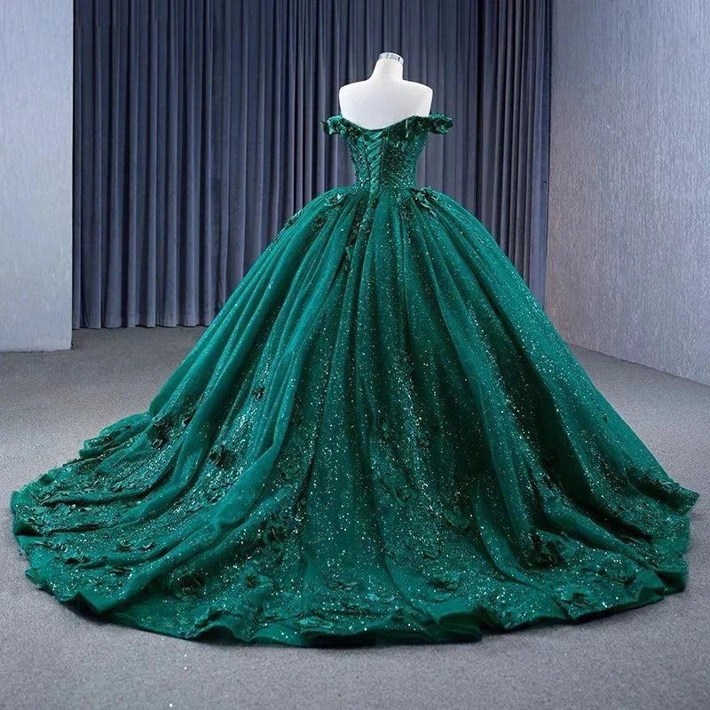 Emerald Green Ballgown Sweetheart Off Shoulder Short Sleeve Lace-up Back Sweep Train Quinceañera Dress