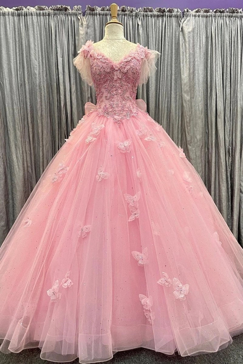 Peach Pink Ballgown V Neck Flutter Sleeve Lace-up Back Floor Length Quinceañera Dress