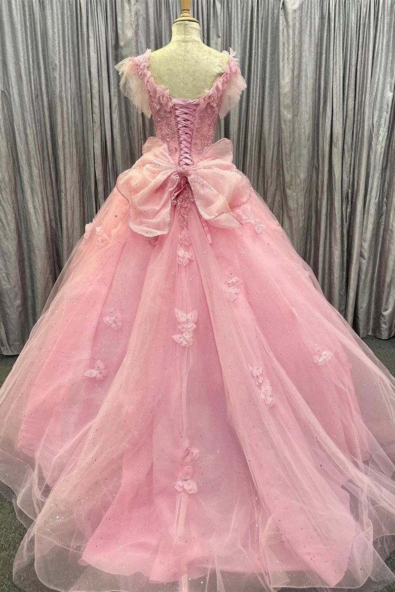 Peach Pink Ballgown V Neck Flutter Sleeve Lace-up Back Floor Length Quinceañera Dress