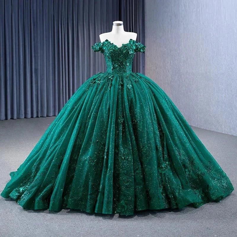 Emerald Green Ballgown Sweetheart Off Shoulder Short Sleeve Lace-up Back Sweep Train Quinceañera Dress
