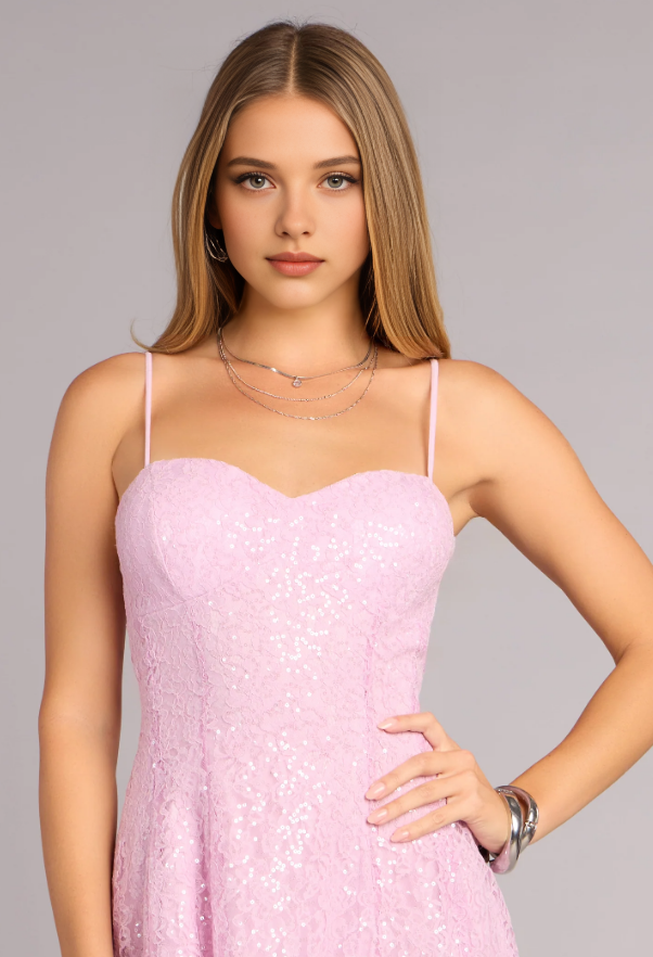 A-Line Spaghetti Strap Open Back Sparkle Sequin Mini Homecoming Dress