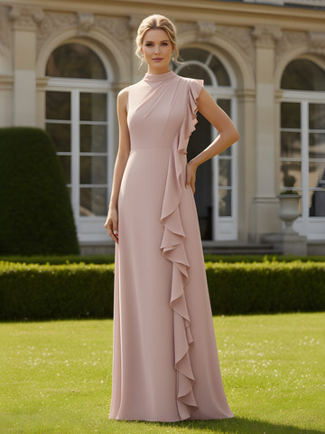 Elegant Dusty Pink Mother of the Bride Dress - Ruffle Side, High Neck Floor-Length Chiffon Gown