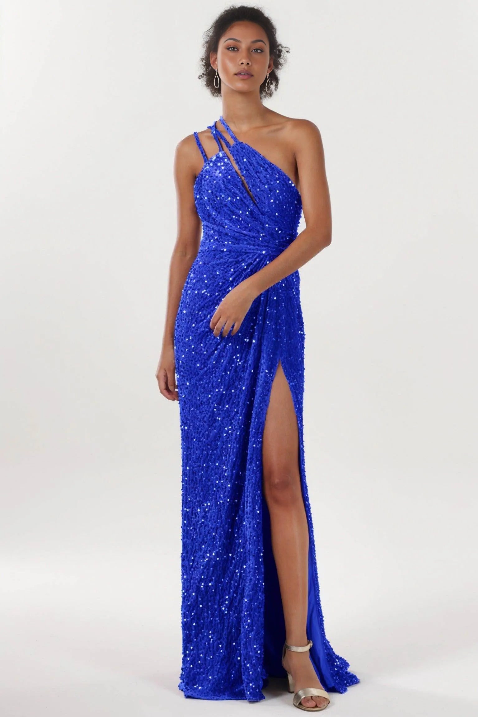 Sheath One-Shoulder Sleeveless Velvet Sequin Ruched Evening Dress With Sweep-Brush Train