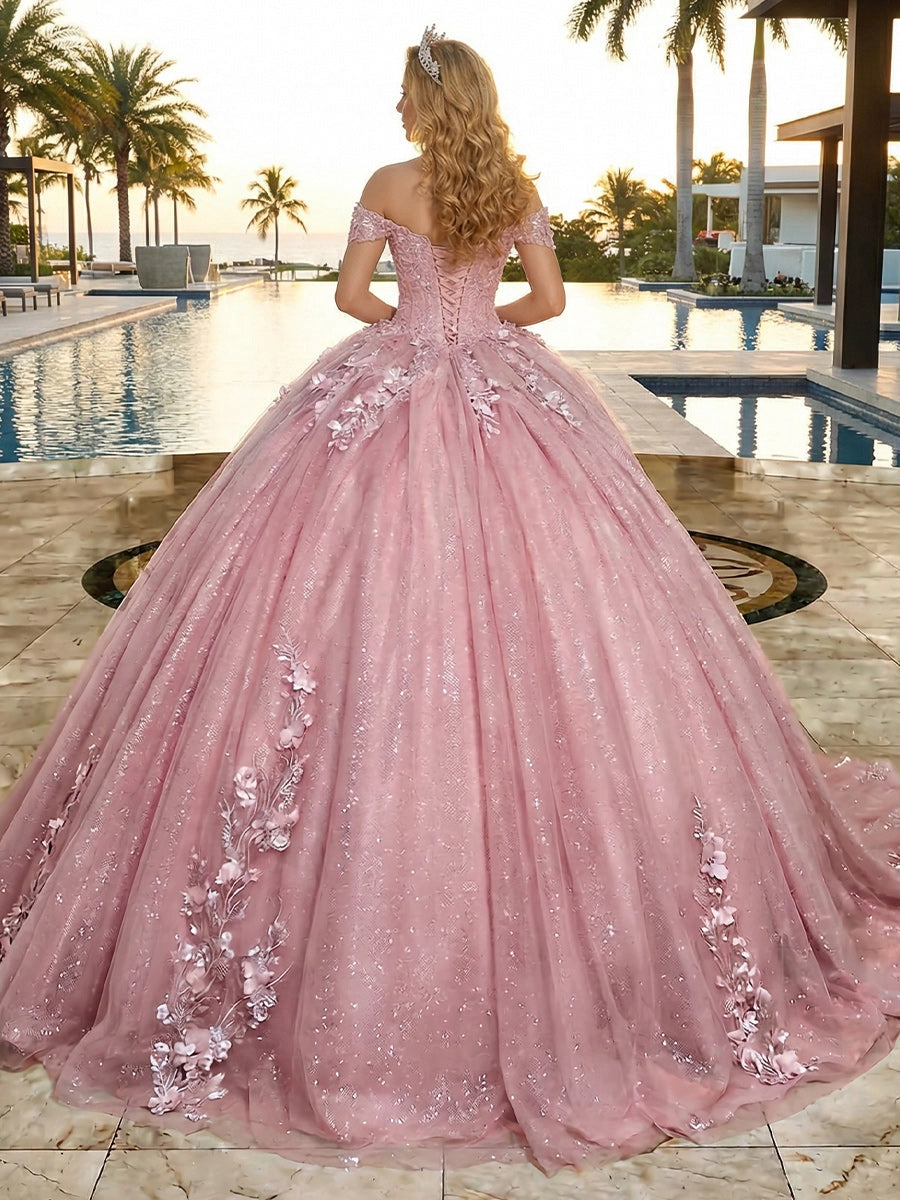 Vedress dusty pink glitter tulle quinceanera gown off-shoulder design lace-up corset back 3D flowers full ball skirt back view