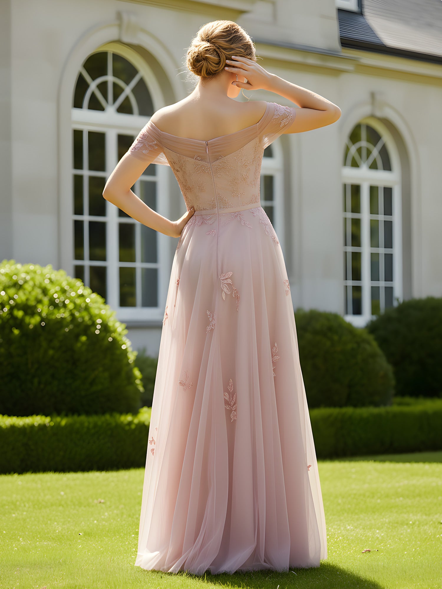 Elegant Dusty Pink Mother of the Bride Dress - Off-the-Shoulder Lace Appqué, Tulle Floor-Length Gown