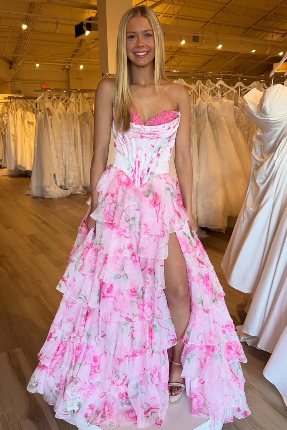Elegant Floral Tulle A-Line Strapless Corset Ruffle Slit Prom Dres