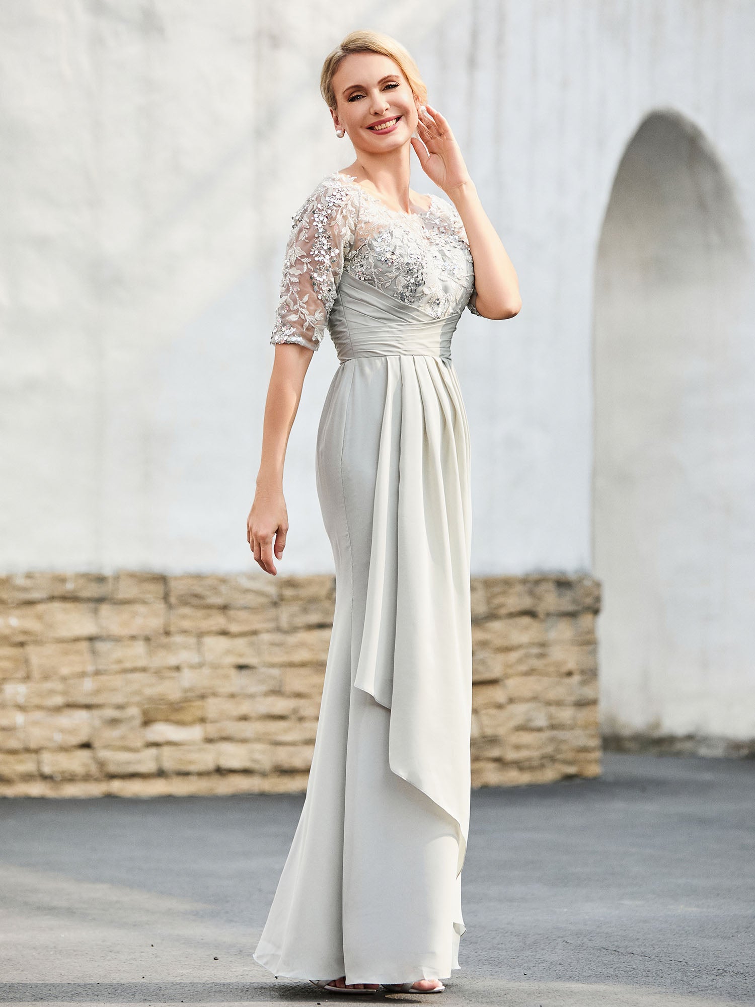 Elegant Silver Mother of the Bride Dress - Lace Appqué 3/4 Sleeve, Pleated Chiffon Floor-Length Gown