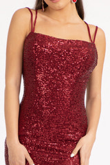Sequin Mermaid Evening Dress Double Spaghetti Strap Square Neck with High Slit and Train Prom Dresses