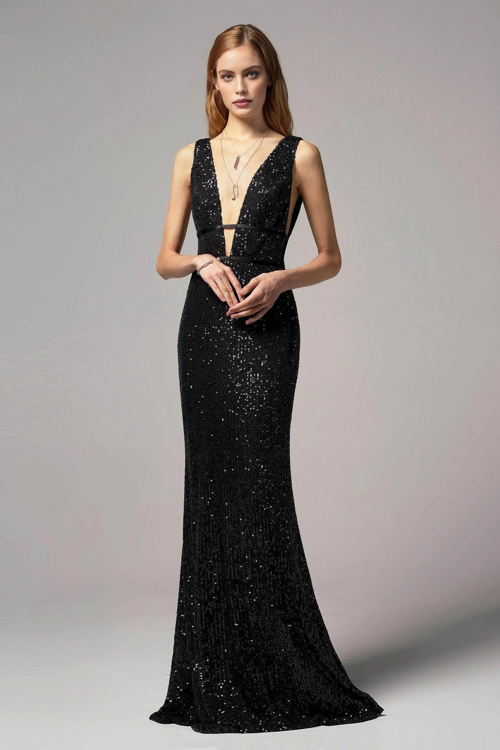 Sleek Sheath Trumpet Plunge Neck Sleeveless Sequin Open-Back Evening Dress