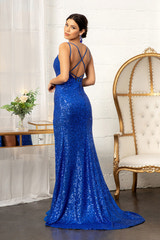 Sequin Mermaid Evening Dress Double Spaghetti Strap Square Neck with High Slit and Train Prom Dresses