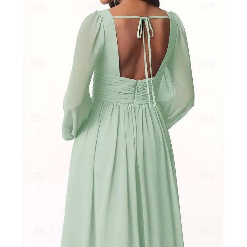 Vestidos de dama de honor/invitada de boda de gasa línea A/princesa con cuello pronunciado, manga larga y abertura