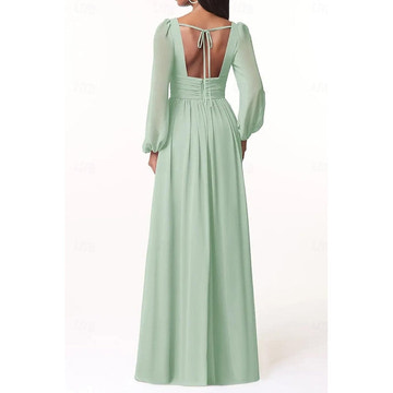 A-Line/Princess Chiffon Plunging Neck Long Sleeves Bridesmaid Dresses Wedding Guest Dresses With Slit
