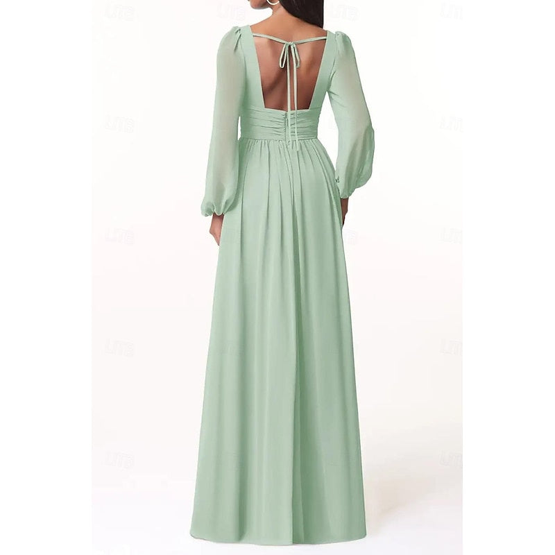 Vestidos de dama de honor/invitada de boda de gasa línea A/princesa con cuello pronunciado, manga larga y abertura