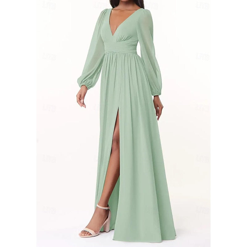 Vestidos de dama de honor/invitada de boda de gasa línea A/princesa con cuello pronunciado, manga larga y abertura