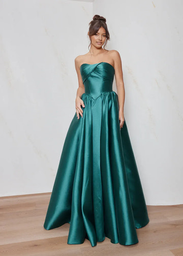 strapless satin prom dress with sweetheart neckline, pleated bodice, structured waist, and full A-line skirt