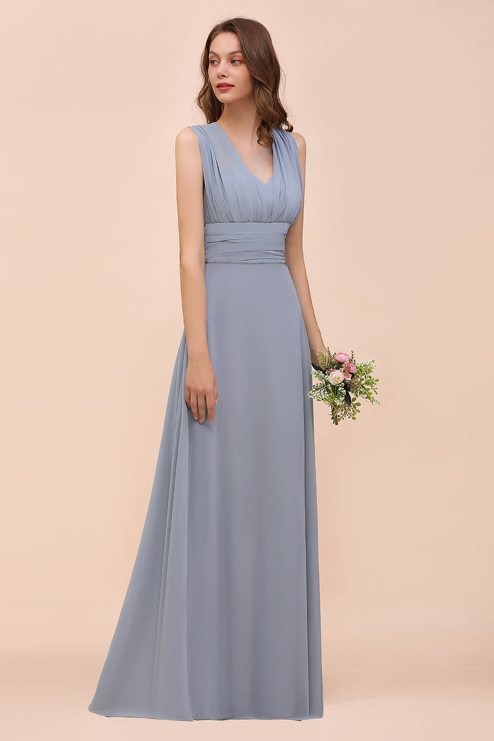 Classic A Line V Neck Chiffon Backless Convertible Floor length Bridesmaid Dresses Evening Gown