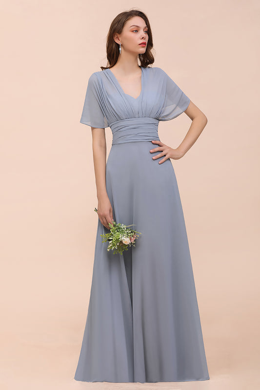Classic A Line V Neck Chiffon Backless Convertible Floor length Bridesmaid Dresses Evening Gown