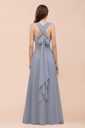 Classic A Line V Neck Chiffon Backless Convertible Floor length Bridesmaid Dresses Evening Gown