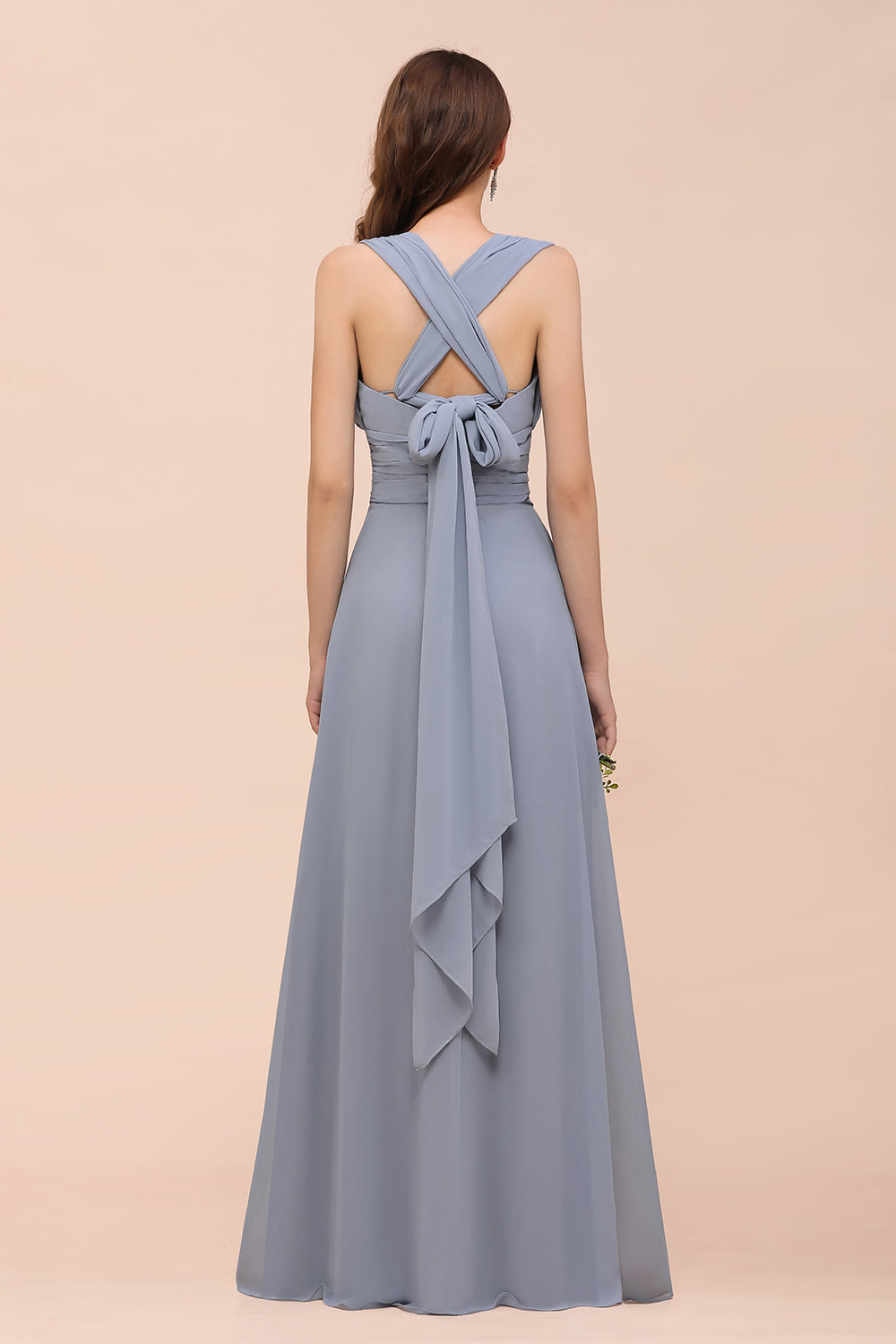 Classic A Line V Neck Chiffon Backless Convertible Floor length Bridesmaid Dresses Evening Gown
