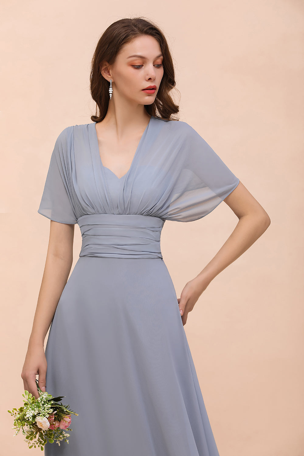Classic A Line V Neck Chiffon Backless Convertible Floor length Bridesmaid Dresses Evening Gown