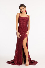 Sequin Mermaid Evening Dress Double Spaghetti Strap Square Neck with High Slit and Train Prom Dresses