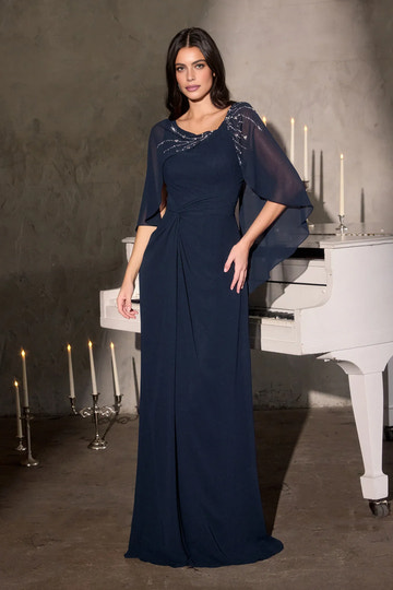 Elegant Column Scoop Neck Cape Sleeve Chiffon Mother of the Bride Dress Beaded Twisted Evening Gown