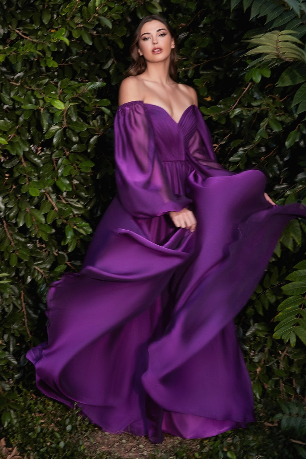 A-Line Skirt Formal Dress for Wedding Guest Chiffon Evening Gown Long Puff Sleeve V-Neck with Pleated Bodice and Flowy