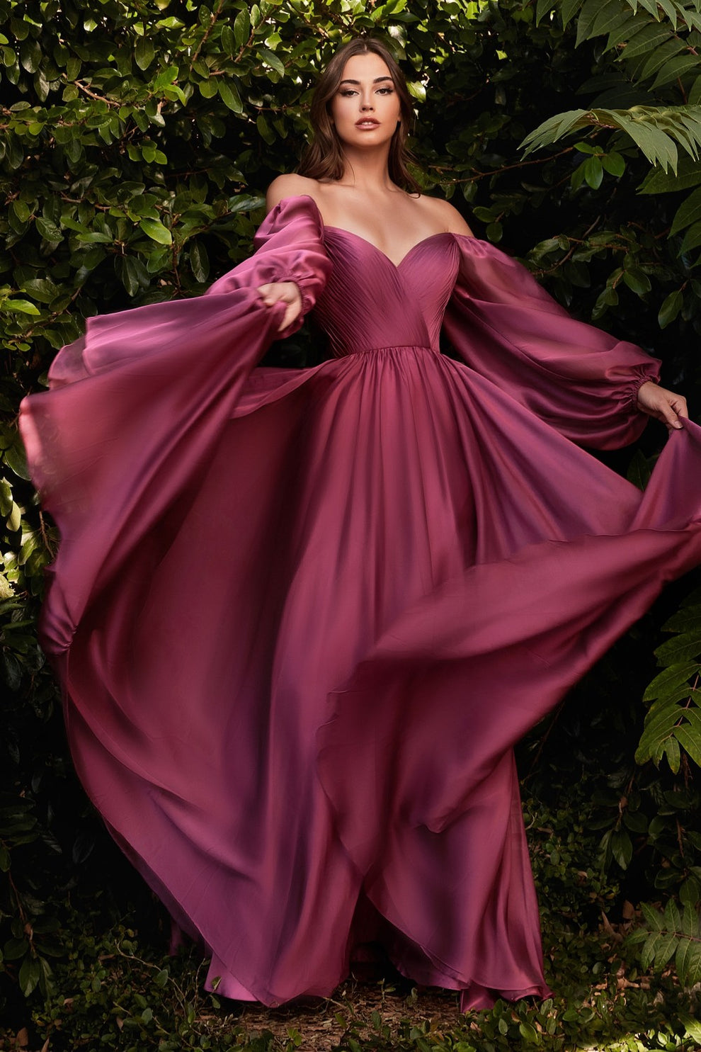 A-Line Skirt Formal Dress for Wedding Guest Chiffon Evening Gown Long Puff Sleeve V-Neck with Pleated Bodice and Flowy