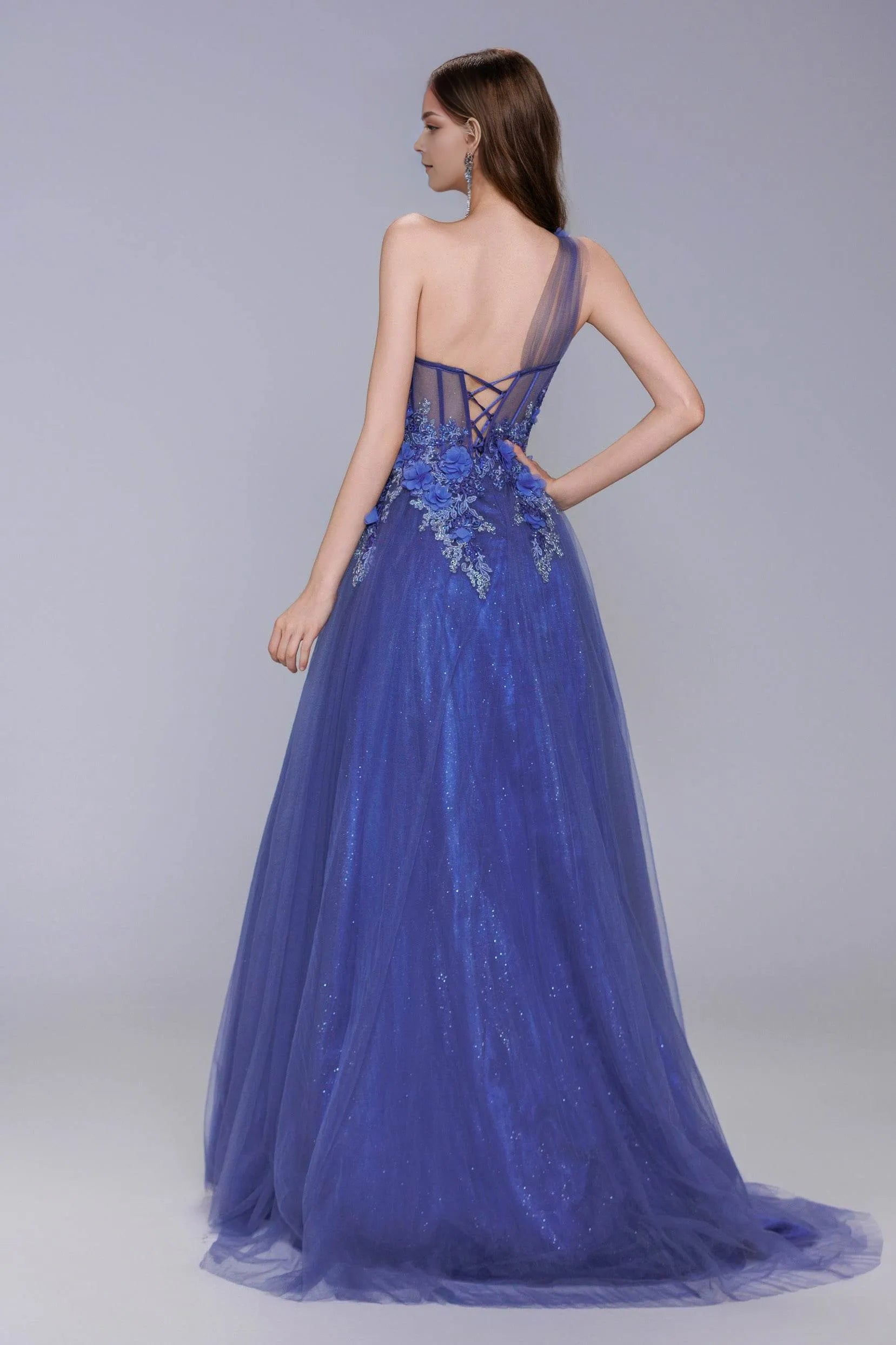 Radiant A-Line One-Shoulder Tulle Appliqué Sweep-Brush Train Prom Gown with Slit