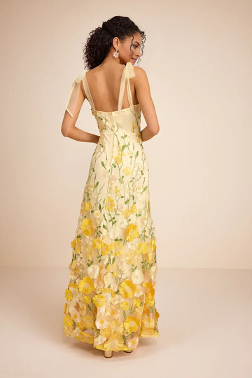 Romantic A-Line Square-Neck Sleeveless Mesh Floral Applique Cocktail Dress Tie-Strap Wedding Guest Dress