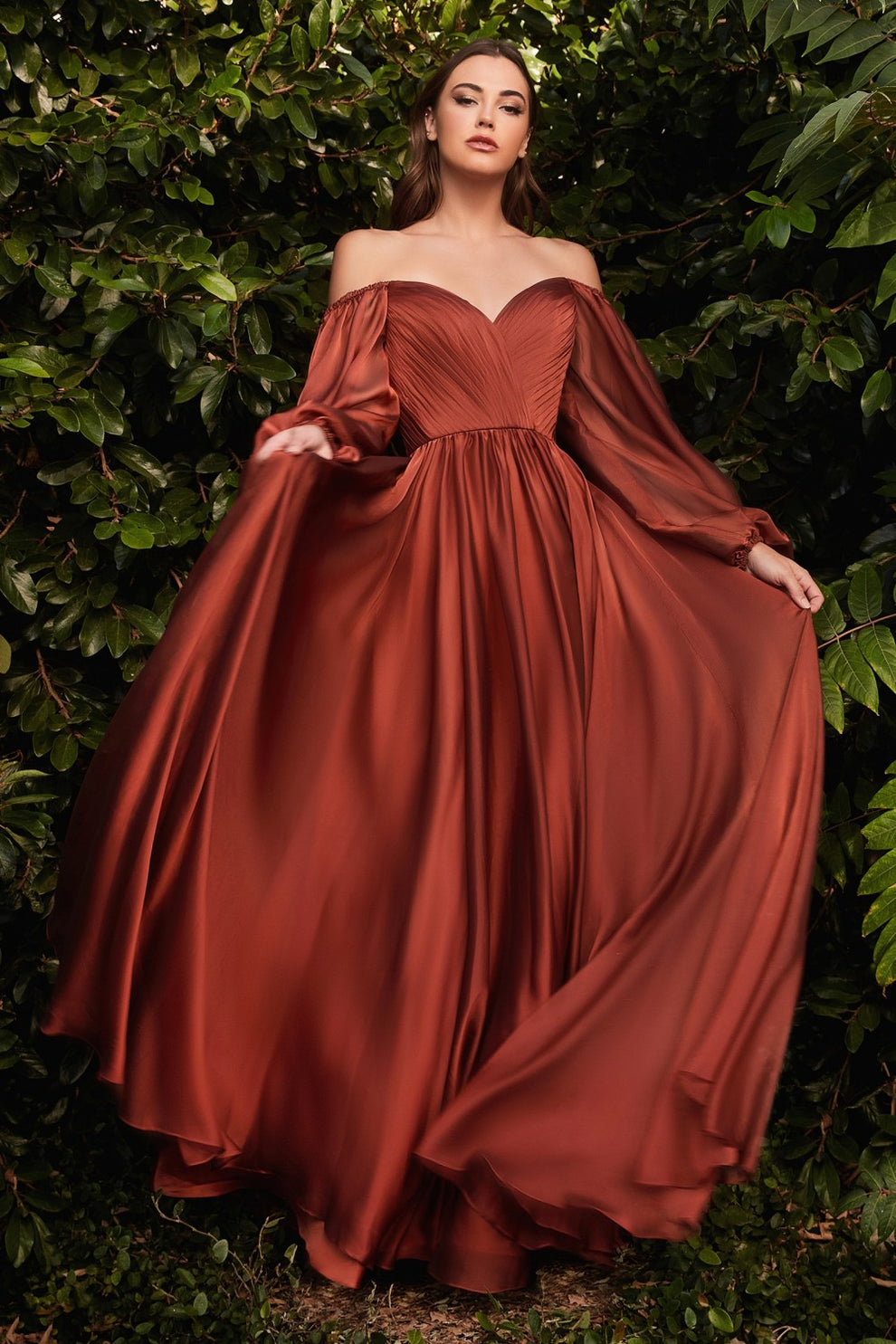A-Line Skirt Formal Dress for Wedding Guest Chiffon Evening Gown Long Puff Sleeve V-Neck with Pleated Bodice and Flowy